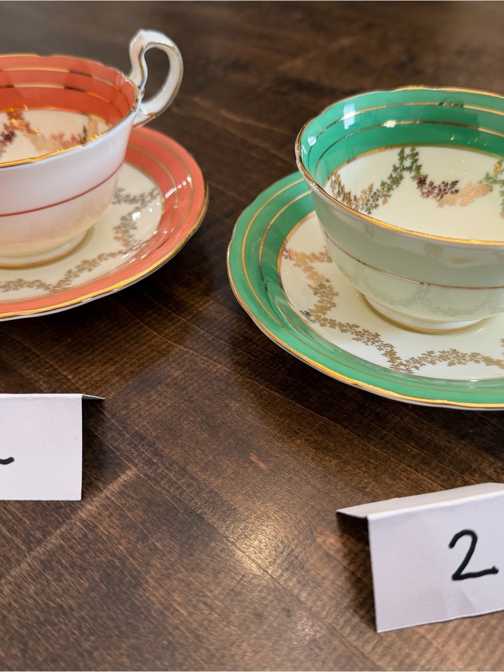 Porcelain Teacup and Saucer Set in Green and Coral with Gold Trim